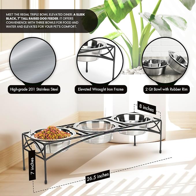 NMN Designs Regal Triple Diner - Triple Bowl Dog and Cat Feeder Stand - Ideal for Feeding Multiple Pets - Durable Wrought Iron Construction with 3-2 Qt Stainless Bowls - 26.5" L x 8" W x 7" H, Black - Image 2