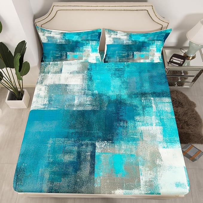 Erosebridal Turquoise and Grey Sheet Set Queen,Grunge Teal Ombre Bed Sheets for Adult,Vintage Watercolor Artwork Bedding Set Bedroom Decor,Contemporary Fitted Sheet + Flat Sheet + 2 Pillowcases - Image 2