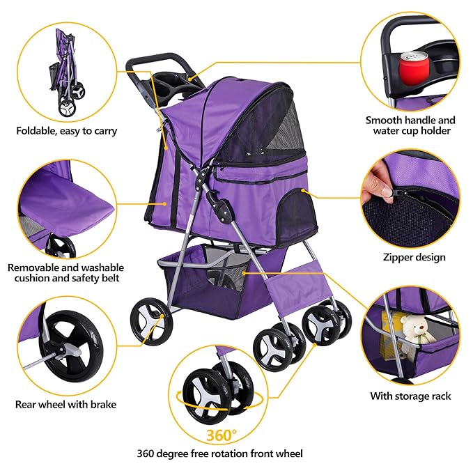 Pet Stroller 4 Wheels Dog Cat Stroller for Small Medium Dog Cats Carrier Jogger Travel Foldable Puppy with Storage Basket and Cup Holder (Purple)