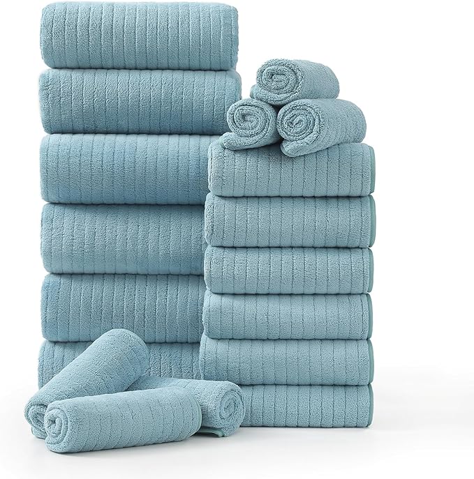 18 Piece Family Bath Towel Set Include 6 Bath Towels,6 Hand Towels and 6 Washcloths Soft Bathroom Towel with Hanging Loops,Highly Absorbent Quick Dry Towels Set for Bathroom,Hotel and Spa-Turquoise by Hailea