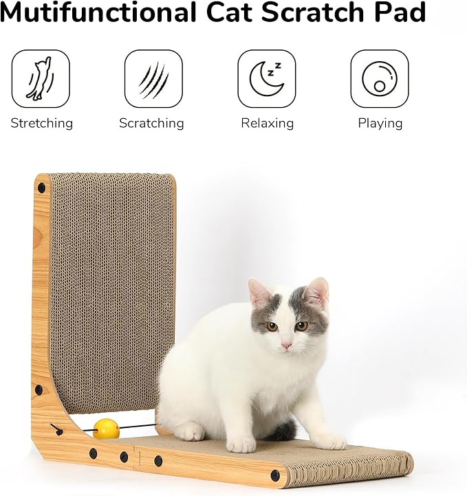 FUKUMARU Cat Scratcher, 18.9 Inch L Shaped Cat Scratch Pad for Indoor Cats | Vertical Cat Scratching Board with Ball Cat Toy, Cardboard Cat Scratcher for Wall Sofa Couch, Kitten Scratching Post - Image 2
