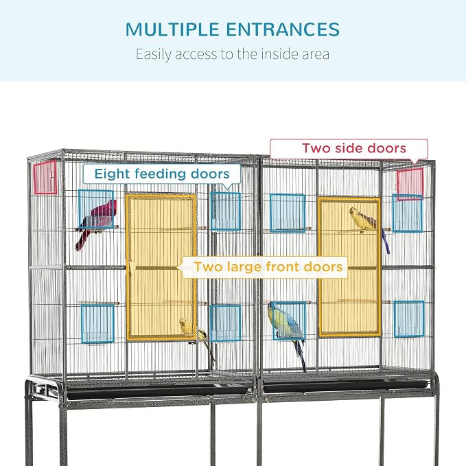 PawHut 65" Double Rolling Metal Bird Cage with Divider, Large Parrot Cage for Parakeet, Canaries, Lovebirds, Budgie, Finch, with Detachable Rolling Stand, Storage Shelf, Wood Perch & Food Container | for Parakeet, Canaries, Lovebirds, Budgie, Finch, De... - Image 4