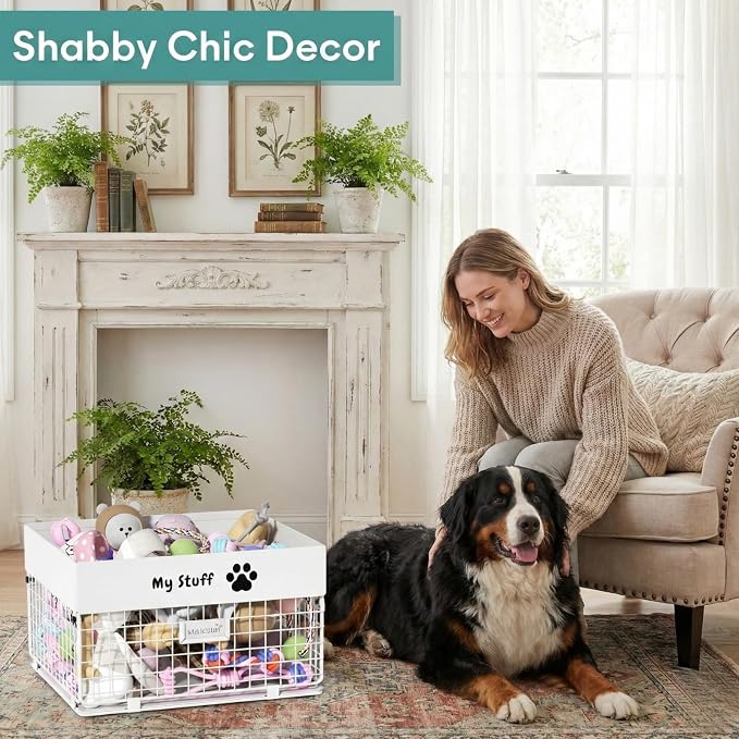 qeerable Dog Toy Box- Metal Toy basket for Dog - Dog Toys Storage Bin for Pet - Personalized Large Dog Toys Basket for Puppy and Pet- White Chew Resistant Dog Toy Chest & Organizer - Image 5