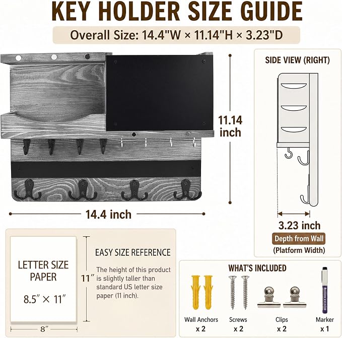 Key Holder for Wall Mount with Shelf and Mail Organizer, Key and Mail Holder with 16 Hooks, Farmhouse Entryway Organizer, Home Decor Rack(Pine Wood,Washed Gray) - Image 2