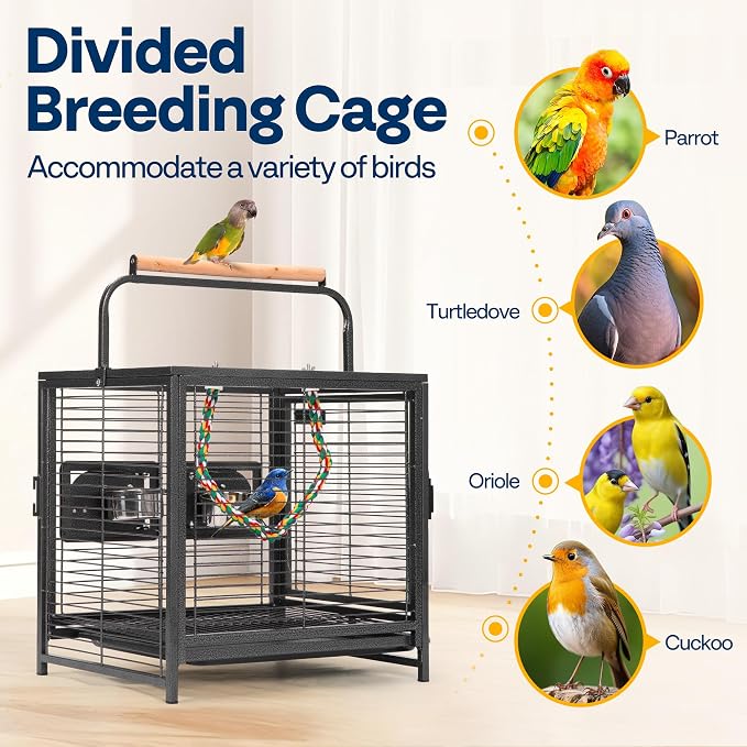 VIVOHOME 19 Inch Wrought Iron Travel Bird Cage for Cockatiel Parakeets | Bird Travel Carrier Cage with Wooden Handle/Perch, Slide-out Tray for Small Parrots Conures Lovebirds Canaries Finches, Black - Image 6