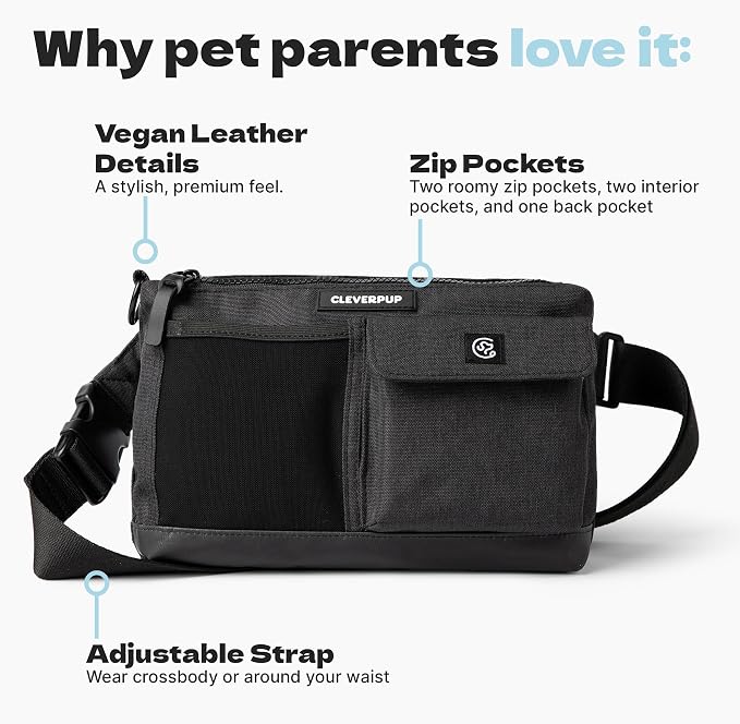 Cleverpup Dog Walk & Train Sling Bag - Hands-Free Dog Walking & Training Bag with Treat Pouch, Poop Bag Holder & Phone Pocket - Crossbody or Fanny Pack, Adjustable Strap - Graphite - Image 3