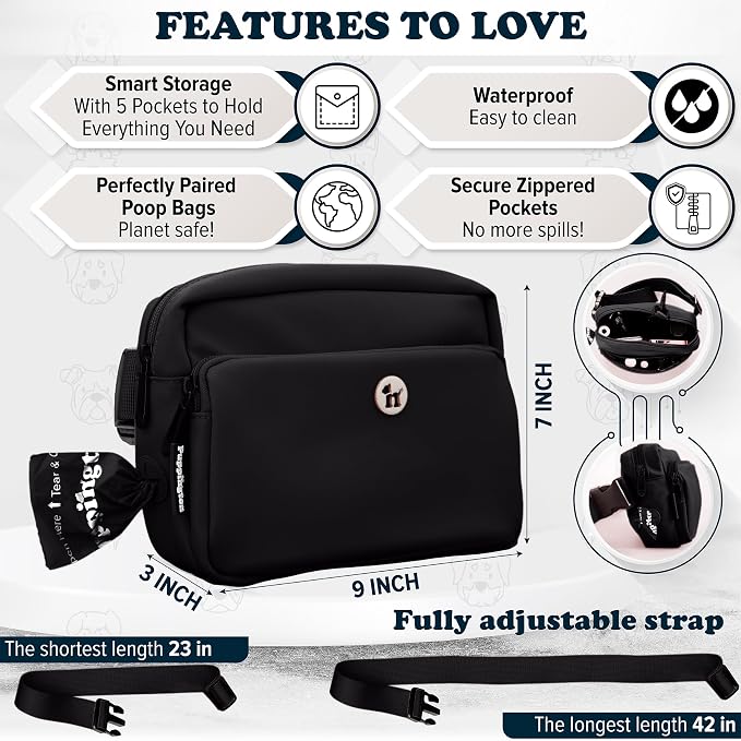 Puppington 3-in-1 Crossbody Dog Walking Bag & Treat Pouch with Matching Planet Safe Poop Bags & Built-In Dispenser - Dog Mom Gift for Puppy Training with Zippered Pockets (Onyx Black) - Image 6