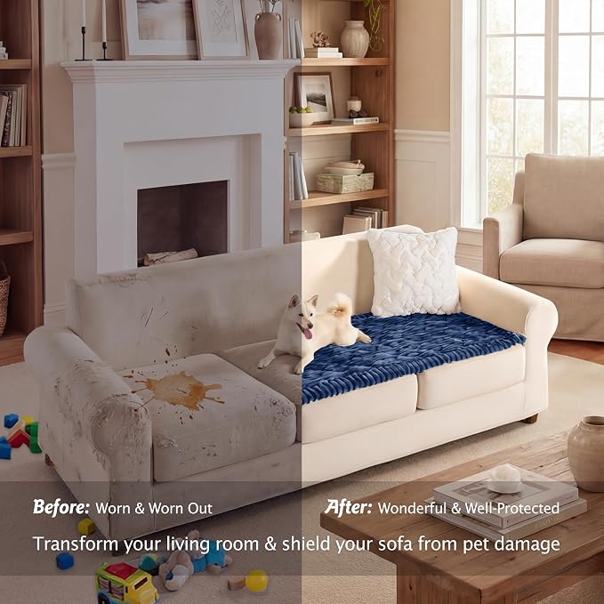 PuTian 100% Waterproof Fuzzy Couch Cover for Dogs Navy Blue 27.6"x82.7" | Pet Friendly Dog Mat for Couch, Waterproof Sofa Protector, Scratch Resistant Furniture Cover for Dogs, Machine Washable - Image 6