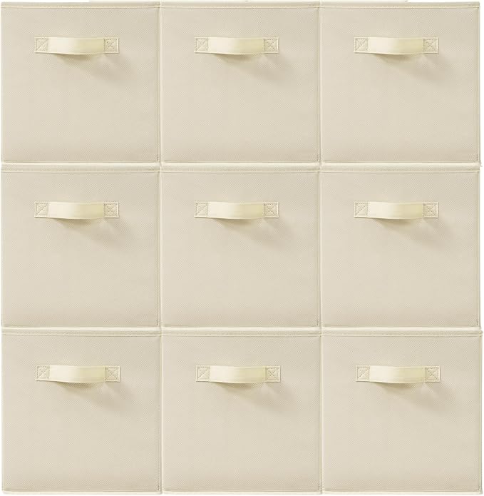 11 Inch Fabric Storage Cubes, Sturdy Foldable Storage Bins, Heavy Duty Cube Organizer for Clothes, Blankets, Shelves, Closets, Bedroom, Living Room, Beige, 9 Pack by Unknown