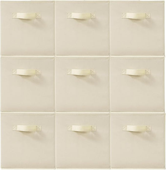 11 Inch Fabric Storage Cubes, Sturdy Foldable Storage Bins, Heavy Duty Cube Organizer for Clothes, Blankets, Shelves, Closets, Bedroom, Living Room, Beige, 9 Pack by Unknown