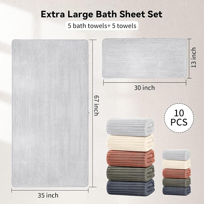 Extra Large Bath Towel Set 10 Piece, XL Bath Towels 35"x67" Oversized Bath Sheets, 280 GSM Microfiber Quick Dry Absorbent Towels, 5 Bath Sheets & 5 Hand Towels (Neutral Colors) - Image 2