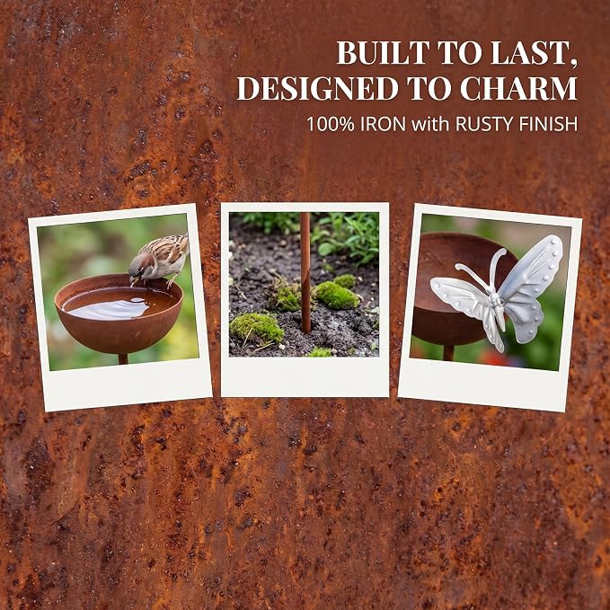 2 Pack Rusty Rain Catcher Garden Stake - Adjustable Metal Bird Feeder and Bath Bowl, Butterfly Style Vintage Outdoor Decor for Lawn Yard, Attracts Birds and Beneficial Insects - Image 3