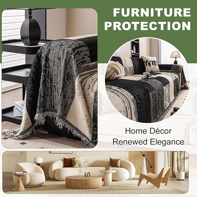 ROOMLIFE Boho Couch Covers for Sofa Washable for 3 Cushion Couch, Chenille | Furniture Protector Sofa Couch Cover for Dogs, Soft Breathable Sofa Slipcover, Couch Throw Blankets with Tassels 71''X134'' - Image 4