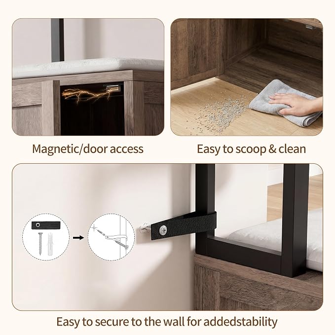 Heybly Cat Litter Box Enclosure Furniture, Double Hidden Litter Box Cabinet with Cat Tree, Large Litter Box Enclosure with Shelves & Storage, Cat House for 2 Cats, Cat Box Enclosure, Greige HCLB002SG - Image 9