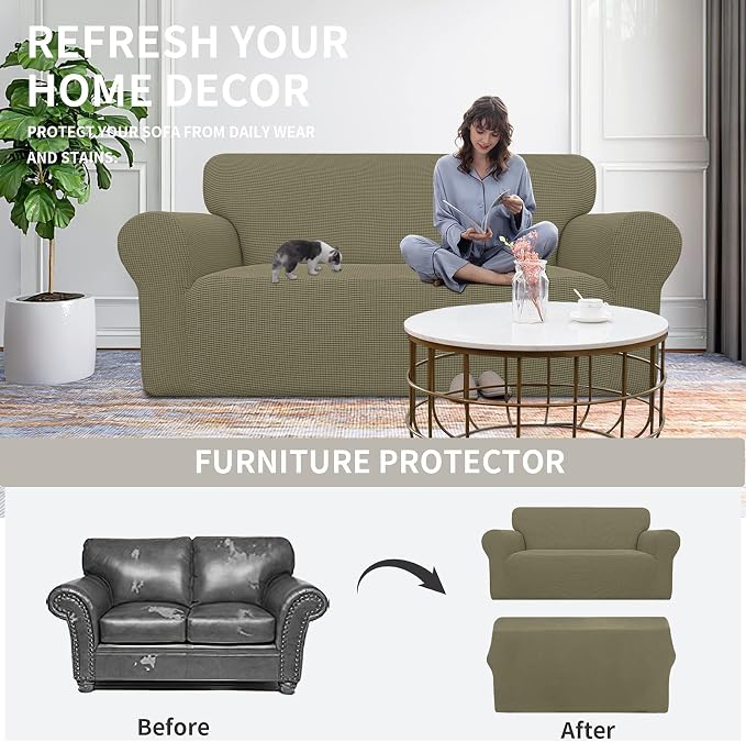 Easy-Going Stretch Oversized Loveseat Couch Covers Washable Khaki | 1-Piece Large Loveseat Cover for 2 Cushion Couch Furniture Protector RV Sofa Slipcover Soft with Bottom for Kids Pets - Image 4