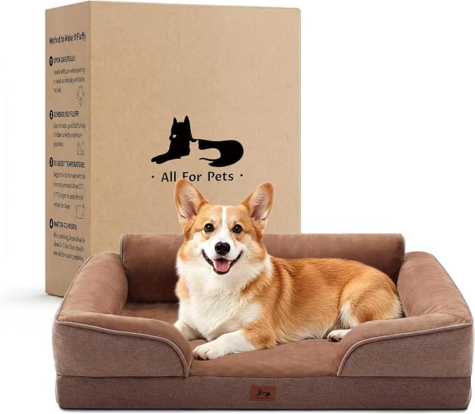 Orthopedic Dog Beds for Medium Size Dogs, Waterproof Egg-Crate Foam Pet Couch Bed with Soft Sides, Non-Slip Dog Sofa with Flannel Removable Washable Cover, 28" L Supportive Pet Sofa, Brown by WARMREST