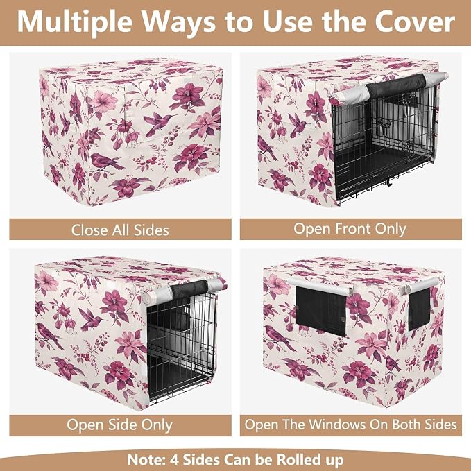 Exotic Flowers Birds Dog Crate Cover 600D Oxford Pet Kennel Cover with Mesh Window for Dog Cages, Windproof Waterproof Machine Washable, 42"x28"x30" - Image 5