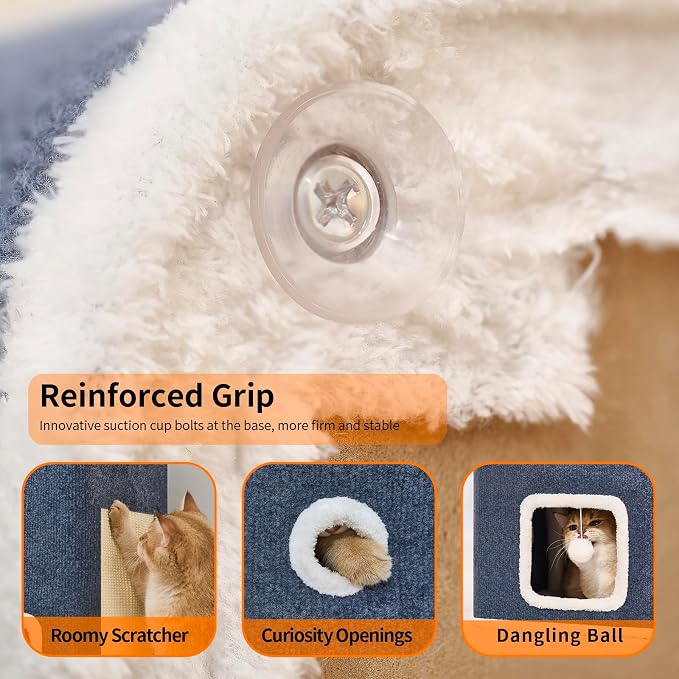 Cat House, Cat Beds for Indoor Cats, 3-Story Cat Condo Cube | Cat Bed Cave with Scratch Pad and Fluffy Ball Hanging, Multi-Level Cozy Hideout Center Ideal for Small/Medium Cats - Image 5