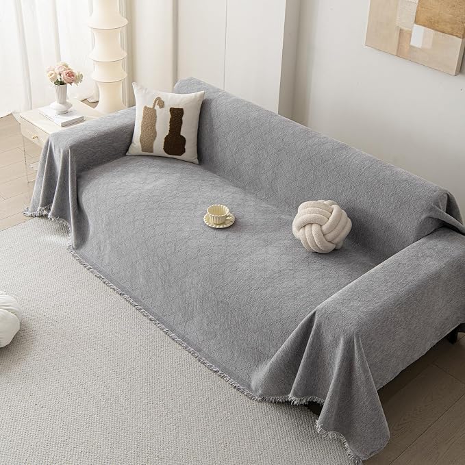 DREAMINGO Modern Chenille Couch Cover Blanket Washable Sofa Covers for 3 Cushion Couch Diamond Weave Textured Furniture Protector for Dogs Soft Light Grey Couch Throw Cover, X-Large 71"x134" - Image 7