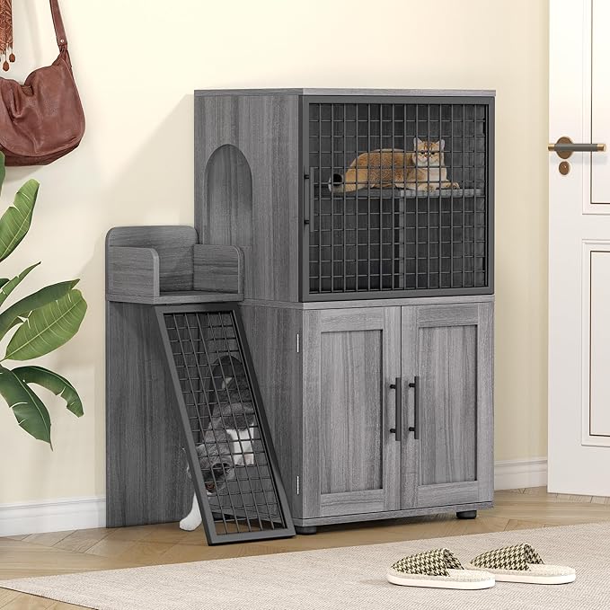IDEALHOUSE Modern Cat Litter Box Enclosure with Platform, Double Layer Hidden Litter Box, Indoor Washroom, Villa Cat House with Ladder, 33.5" l x 17.9" w x 41.9" h,Dark Grey by IDEALHOUSE