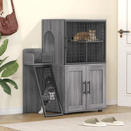 IDEALHOUSE Modern Cat Litter Box Enclosure with Platform, Double Layer Hidden Litter Box, Indoor Washroom, Villa Cat House with Ladder, 33.5" l x 17.9" w x 41.9" h,Dark Grey by IDEALHOUSE