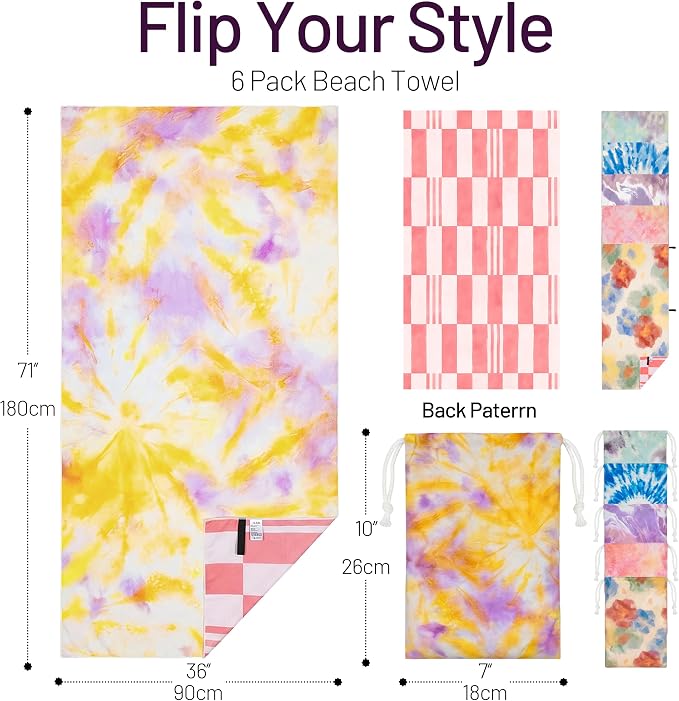 6 Pack Microfiber Beach Towel Set with Travel Bag 71 * 36'' Tie Dye | Quick Dry XL Beach Towels for Cruise Pool Yoga Gym Gift, Lightweight Absorbent Sandproof Compact Towels Beach Essentials - Image 2