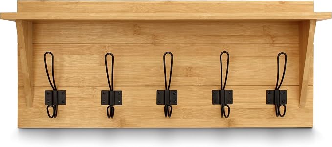 HBCY Creations Rustic Wall Mounted Coat Rack with Shelf - Solid Wood 24" Entryway Shelf with 5 Coat Hangers. Perfect Touch for Your Entryway, Mudroom, Kitchen, Bathroom and More, Bamboo - Image 9