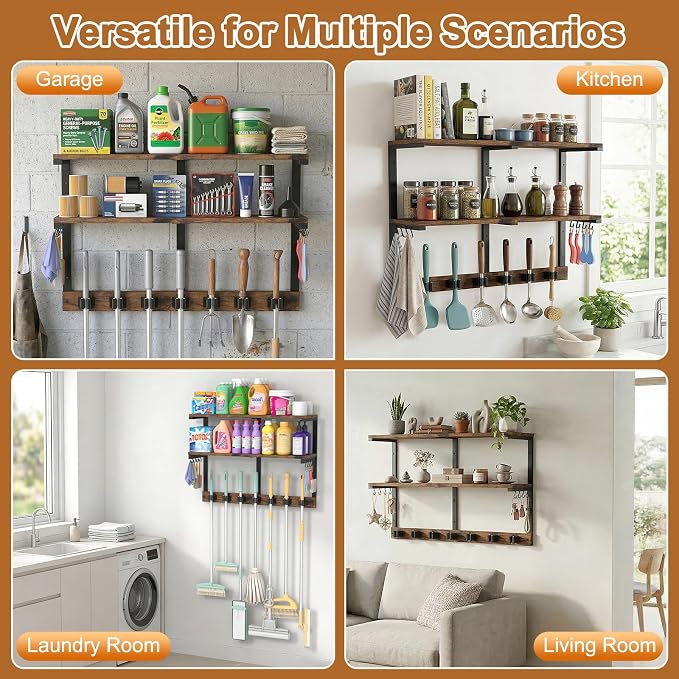 Housolution Wall Mount Broom Holder Laundry Room Storage Organizer Shelves | 2 Tier Large Capacity, Thickened Metal Frame, 100 LBS High Load-Bearing, Multifunctional with 7 Grippers & 8 Hooks - Image 6