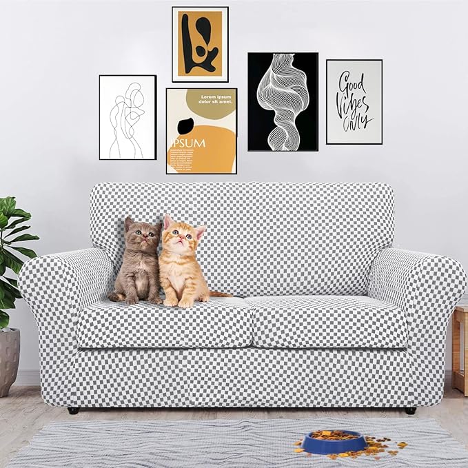 YEMYHOM Latest Checkered 3 Pieces Couch Covers for 2 Cushion Couch High Stretch Thickened Love Seat Sofa Cover for Dogs Pets Elastic Loveseat Protector (Black and White Checkered), 55"-69"(2 CUSHIONS) - Image 2