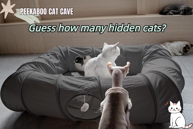 XxingSheep 4 Ways Shuttled XL Cat Tunnel Bed for Indoor Cats Peekaboo Cat Cave Donut with Cool Mat (Dark Gray) - Image 2