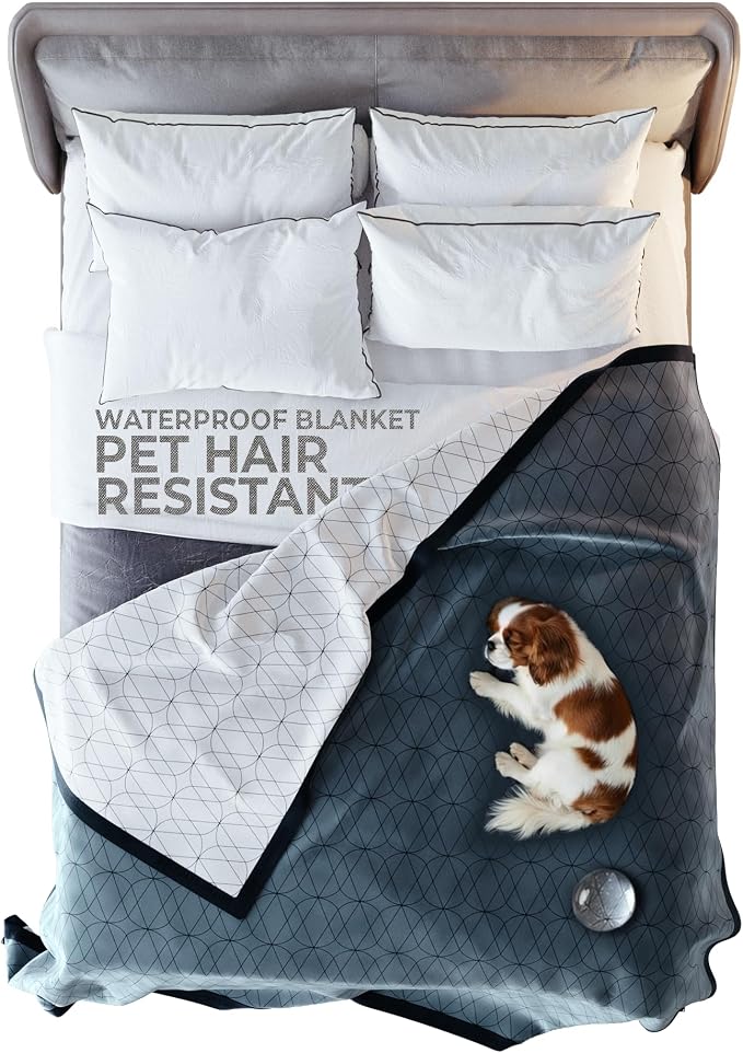 Waterproof Dog Blanket for Bed – 90x90 Inch King/Queen Size – Pet Hair Resistant Blanket for Small to Large Dogs – Washable, Leakproof, Reversible Bedspread for Bed Protection – Blue/White by VictoriaOrton