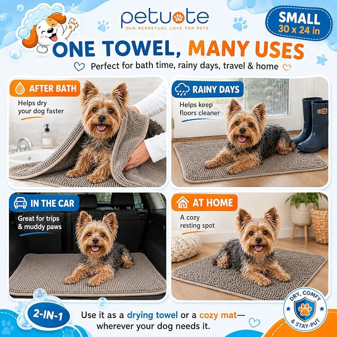 Pet 2-in-1 Dog Towel & Mat – Transforms from Drying to Bath Mat, Ultra Soft, Absorbent & Quick-Drying, Machine Washable Dog Towels with Detachable Non-Slip Mat and Hand Pockets (Small) - Image 3