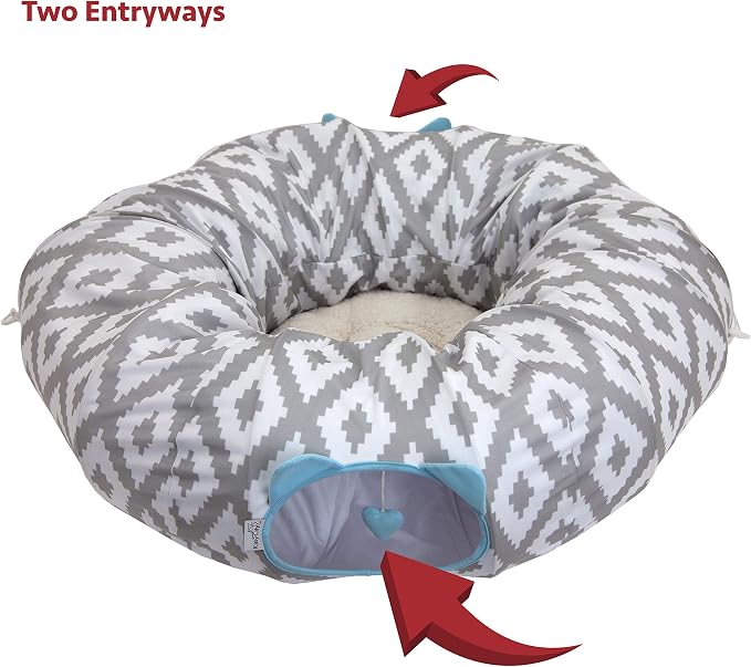 Kitty City Large Cat Tunnel Bed, 2-in-1 Zip-Together Cat Play Tunnel & Plush Nap Bed, Pop-Up Indoor Cat Toy with Hanging Toys, Collapsible Design - White - Image 6