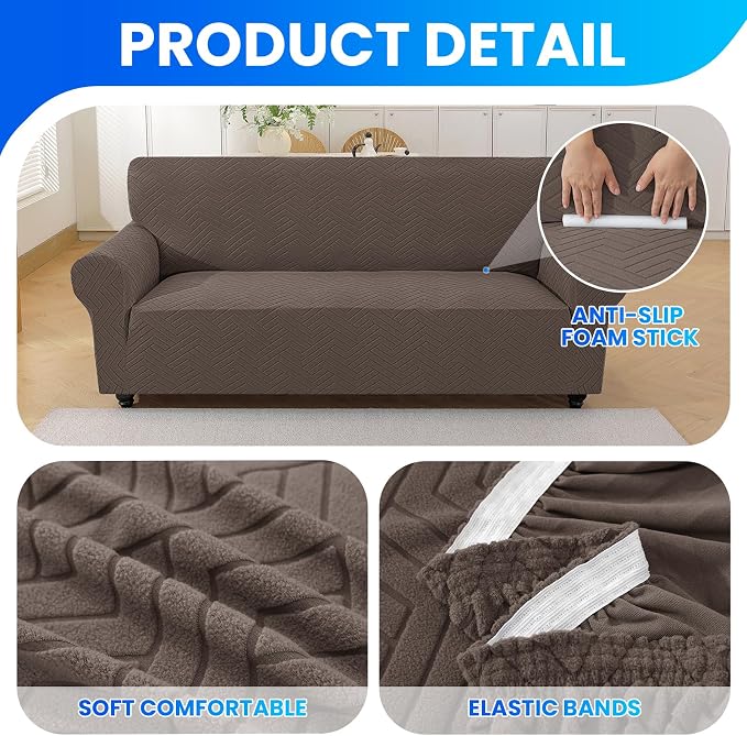 Stretch Sofa Cover Non-Slip Washable Furniture Protector | Stretch, 91"-110".Soft, Non Skid Foam, Elastic Bottom, Machine Washable, for Kids & Pets, Couch & Sofa, Light Coffee - Image 5