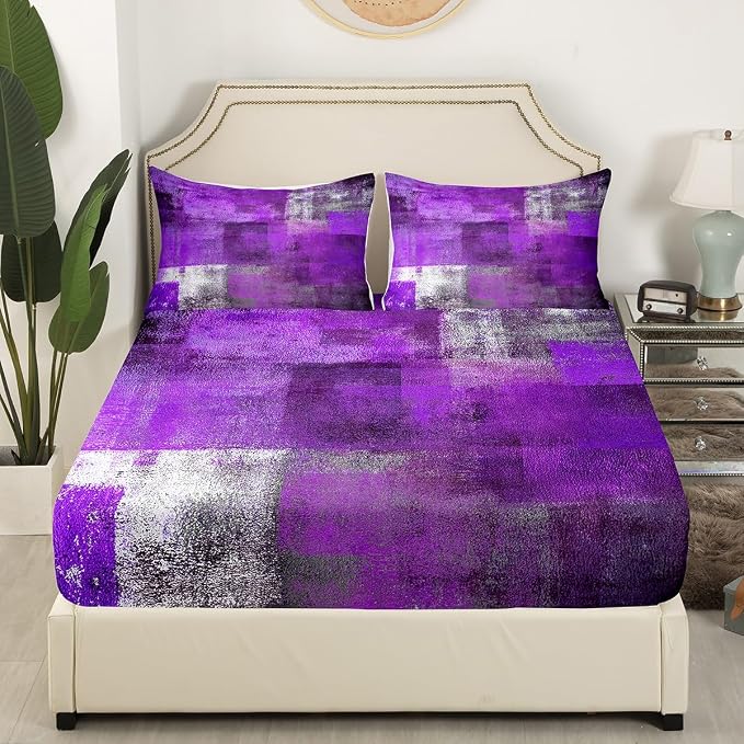 Erosebridal Oil Painting Bed Sheets Set for Kids Boys Girls,Purple Grey Sheet Set,Watercolor Ombre Sheets,Contemporary Abstract Artwork Flat Fitted Sheet with 2 Pillowcases Bedroom Decor,King - Image 3