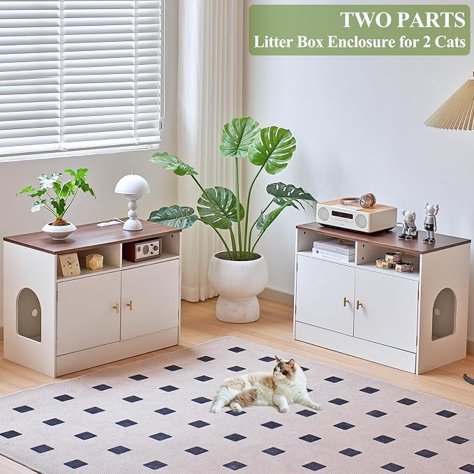 Cat Litter Box Enclosure for 2 Cats, TV Stand with Storage & Outlet, 63" Double Litter Box Enclosure Furniture, Wooden Enclosed Litter Box Cabinet, 63”L x 15.7”W x 23.6”H, White & Walnut - Image 6
