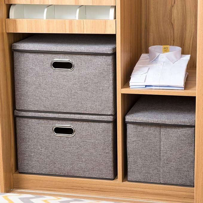 PRANDOM Large Collapsible Storage Bins with Lids [3-Pack] Linen/Cotton Blend Foldable Storage Boxes Organizer Containers Baskets Cube with Cover for Home Bedroom Closet Office Nursery(17.7x11.8x11.8) - Image 4