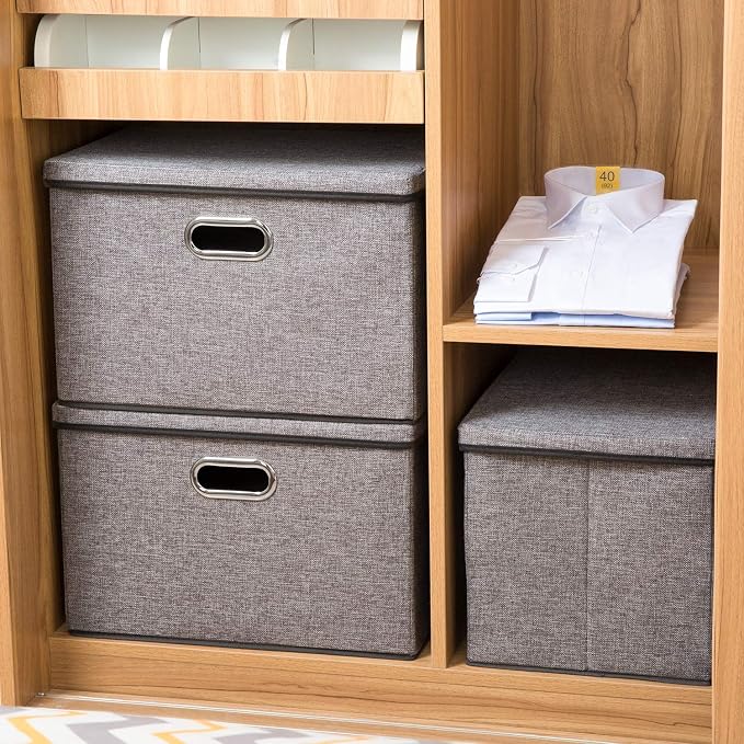 PRANDOM Large Collapsible Storage Containers with Lids [5-Pack] Linen Fabric Foldable Storage Bins Boxes Organizer Baskets Cube with Cover for Home Bedroom Closet Office Nursery (17.7x11.8x11.8) - Image 3