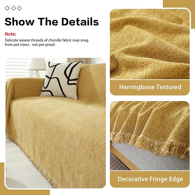 DREAMINGO Modern Minimalism Mustard Yellow Couch Cover Sectional Sofa Covers for 3 Cushion Couch Washable Chenille Pet Couch Protector for Dogs Boho Herringbone Sofa Furniture Slipcover, 71"x150" - Image 3