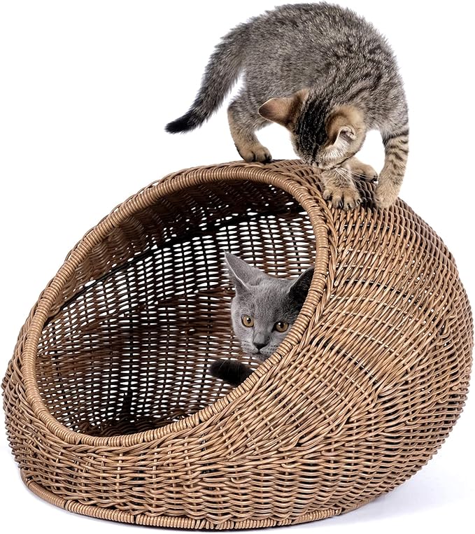 D+GARDEN Wicker Cat Bed Dome for Medium Indoor Cats - a Covered Cat Hideaway Hut of Faux Rattan Houses Pets in Dome Basket, Washable - Image 2