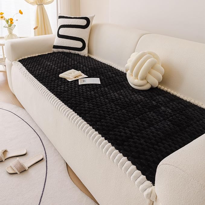 DREAMINGO Pet Couch Covers for Sofa Non Slip Fuzzy Dog Sofa Covers Washable Geometric Jacquard Couch Cushion Protector Black Pet Bed Mat 27.6x59.1 Inch by DREAMINGO