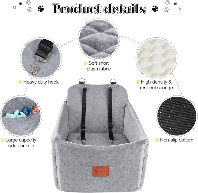 Dog Car Seat for Small/Medium Dogs up to 35 lbs, Memory Foam Pet Booster Seat with Detachable Washable Cover, Portable Pet Bed for Cars with Safety Belts and Storage Pockets(Grey, Medium) - Image 4