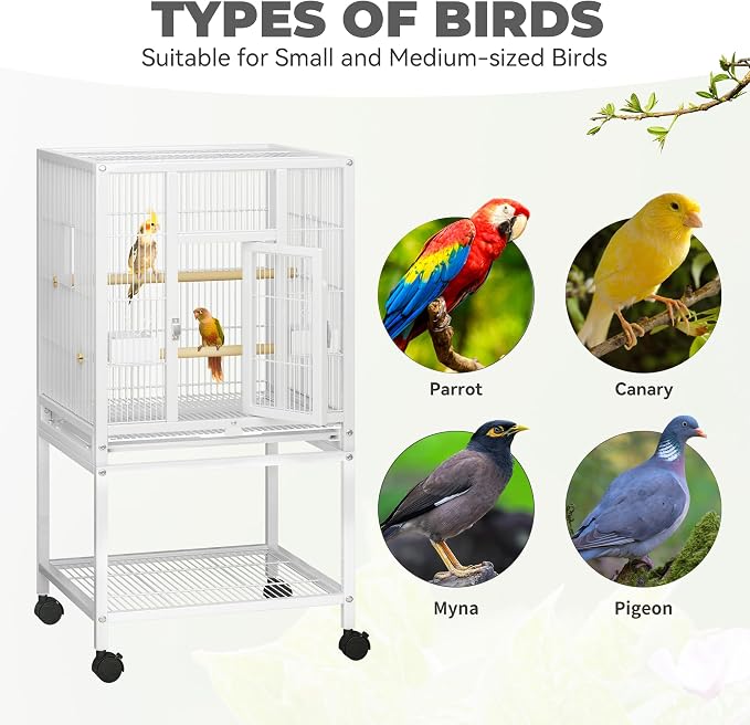 YITAHOME 41 inches Metal Bird Cage for Parakeets: Large Parrot Cages with Tray, Food Boxes, and Wooden Perches with Rolling Stand & Brakes for Lovebirds Cockatiels Pigeon Finches, White - Image 6