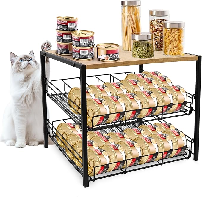 Bamboo & Iron Cat Food Organizer for Pantry, 2-Tier Can Stackable Storage Rack Holds 48 (3oz) Cans, Flat Top for Extra Storage, Automatic Slide-Down Perfect for Pet Food Cans by Unknown