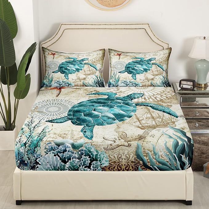 Sea Turtle Bedding Set,Ocean Beach Themed 4 Piece Sheet Set Children Teens Retro Tortoise Bed Sheet Set Hawaiian Reptile Turtle Printed Bed Set Includes 1 Fitted Sheet,1 Flat Sheet,2 Pillowcases,King - Image 4