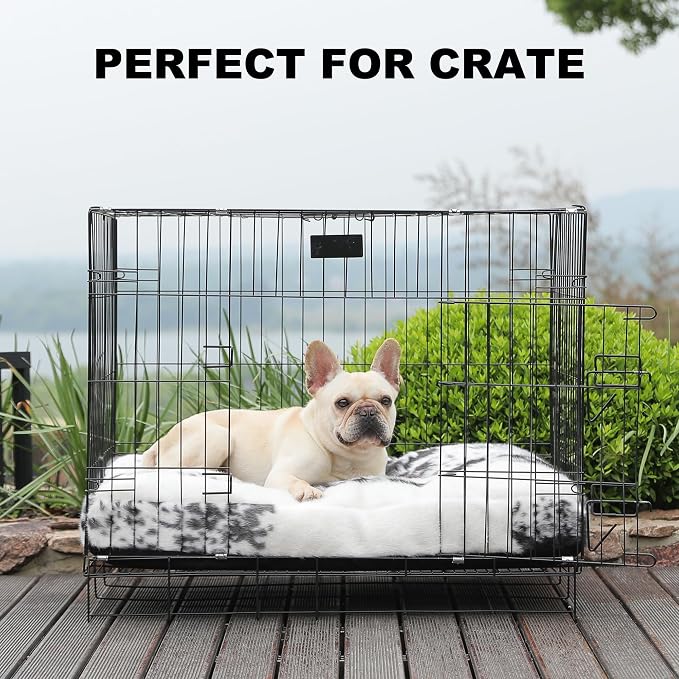 Bedfolks Waterproof Crate Bed, Plush With Removable Washable Cover, Faux Fur Pad for Large Dogs, Fluffy Kennel 35"x23", Black-White Cowhide - Image 6