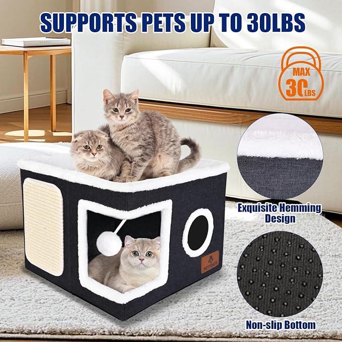 Cat Beds for Indoor Cats, Large Cat Cave Bed with Scratch Pad and Fluffy Ball, Foldable Cat Hideaway, Cat House with Reversible Cushion for Multi Small Pet Up to 30LBS, Dark Grey - Image 3