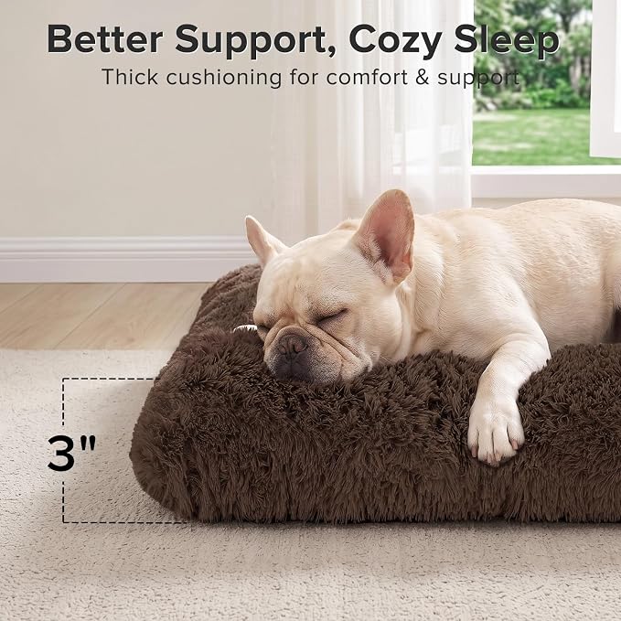 JOEJOY Dog Bed Crate Pad, Deluxe Plush Washable Dog Beds Fulffy Soft Kennel Pad Anti-Slip Pet Sleeping Mat for Medium Small Dogs, 29" x 21", Brown - Image 3