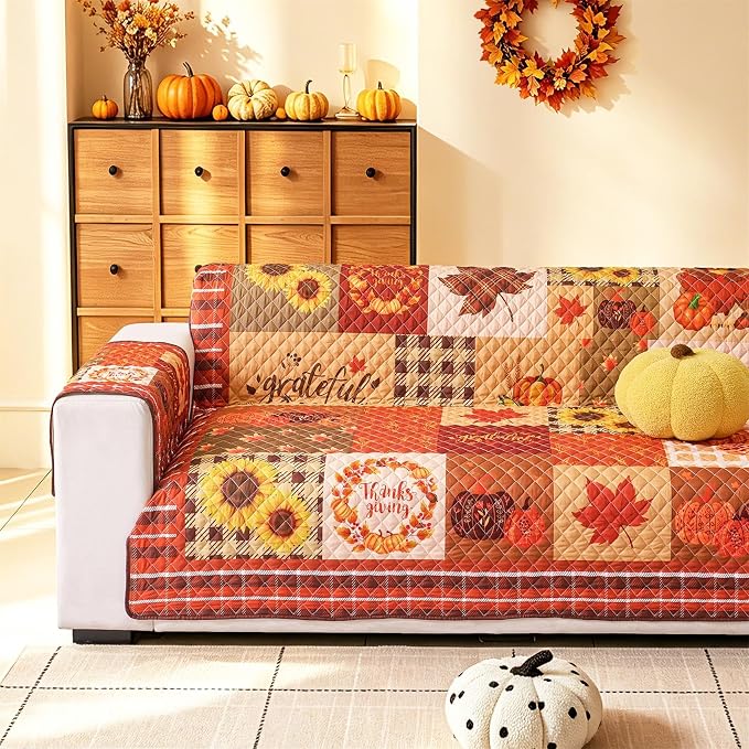 Cmfshape Thanksgiving Sofa Slipcover-Orange Checkered with Pumpkin,Pet Friendly Couch Covers for 3 Cushion Sofa,Washable Sofa Protector for Holiday,Anti-Slip with Elastic Band by cmfshape-quiltset