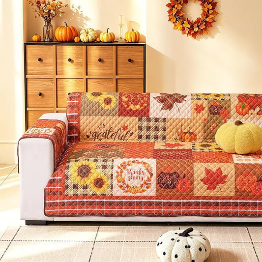 Cmfshape Thanksgiving Sofa Slipcover-Orange Checkered with Pumpkin,Pet Friendly Couch Covers for 3 Cushion Sofa,Washable Sofa Protector for Holiday,Anti-Slip with Elastic Band by cmfshape-quiltset